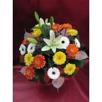 Пъстроцветен букет с лилиум и гербер, аранжиран с листа аспидистра и гипсофил Пъстроцветен букет с лилиум и гербер, аранжиран с листа аспидистра и гипсофил