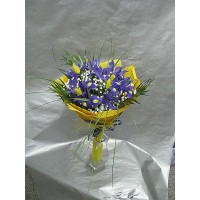 Цветен букет с ириси. Аранжиран с нежна зеленина и гипсофил, подложка от листа и опаковка Цветен букет с ириси. Аранжиран с нежна зеленина и гипсофил, подложка от листа и опаковка