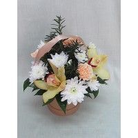 Три броя орхидея – цимбидиум декорирани с хризантема в кутия. Три броя орхидея – цимбидиум декорирани с хризантема в кутия.